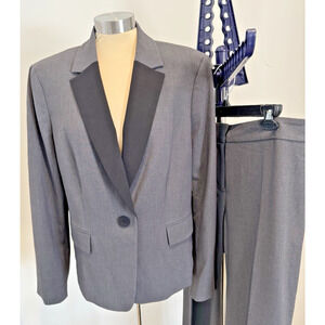 JONES STUDIO Womens Size 14 Pant Suit Tuxedo-Style Lapel Grey Black Lined Blazer